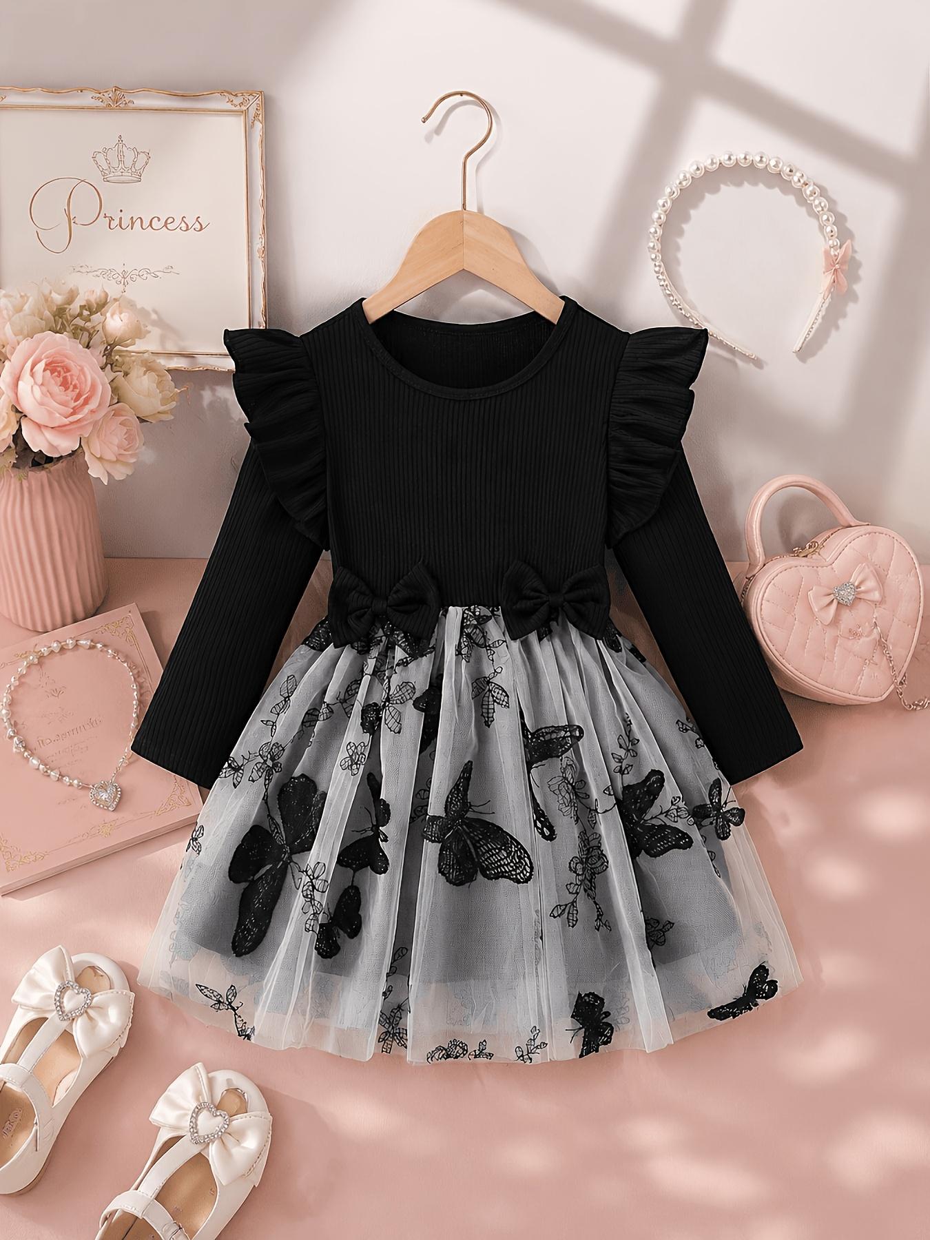 Girls Long Sleeve Black Butterfly Lace Tulle Dress Kids Spring Autumn Princess Dress 1-2Y
