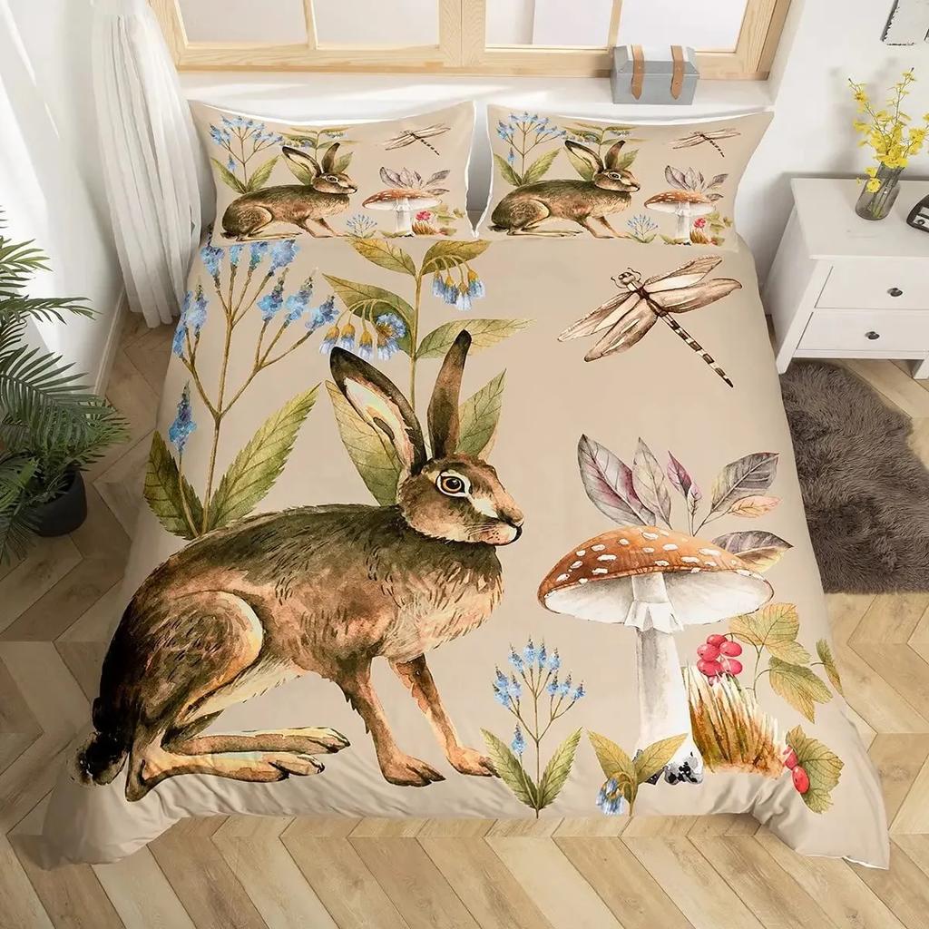 Cute Forest Animals Theme Duvet Cover Sets King Size Fox Deer Rabbit Owl Hedgehog Flowers Comforter Set Bedding Cover Set