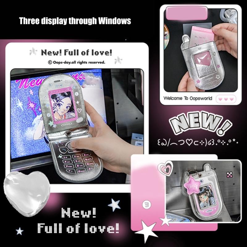 Porta-Cartão Fotográfico em Formato de Celular Flip com Pingente e Chaveiro de Mola Retrátil, Capas de Cartão de PU, Suporta 2-3 Cartões