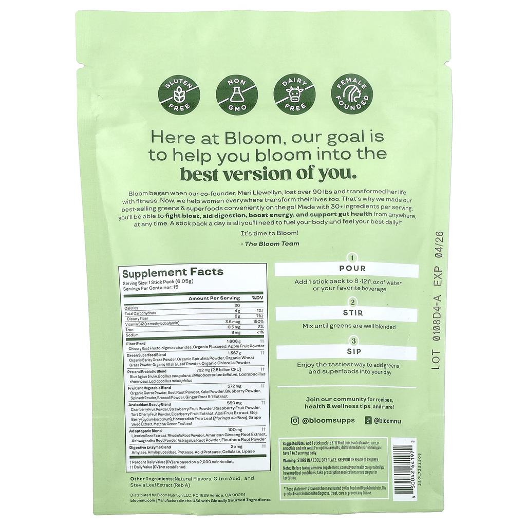 Bloom, Green & Superfoods, Strawberry Kiwi, 15 Stick Packs, 6.05g (0.21oz) Each