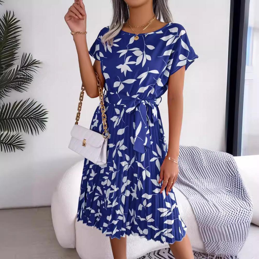 

Инс Весенне-летнее Повседневное Платье с Коротким Рукавом и Плиссировкой Женская Мода Универсальное Модное Для Поездок на Работу L синий