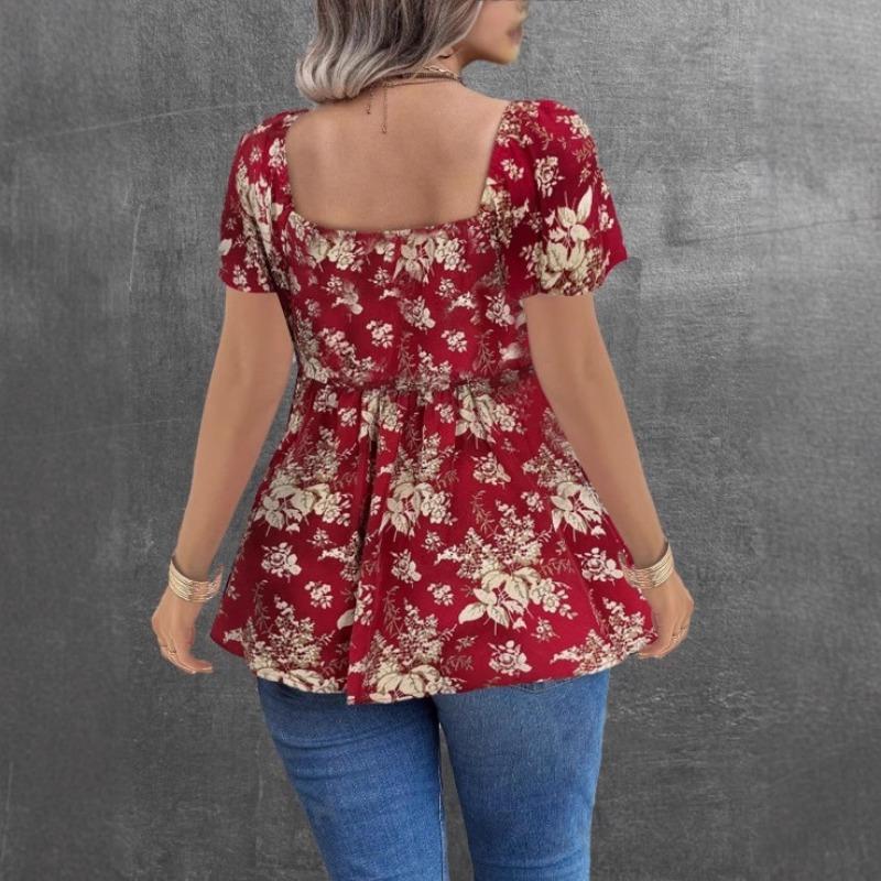 Women French Style Square Neck Floral Backless Waist Cinched Short Cropped Top