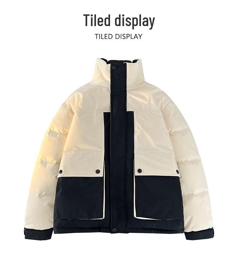 Men's Hooded Down Jacket, New Winter 2025 Color Block, Warm Thickened Workwear with Stand Collar