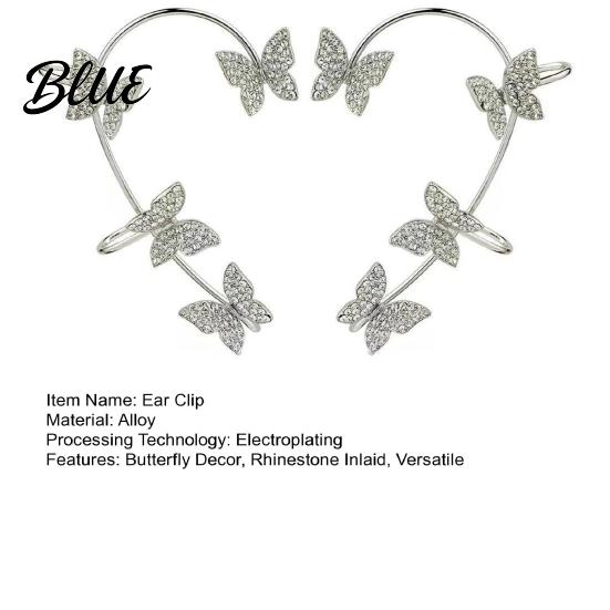 Clip-on Butterfly Earrings 2Pcs Ear Clips Decor Rhinestone