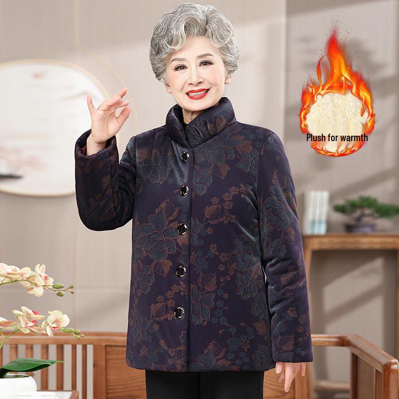 Elderly Women's Winter Fleece-Lined Cotton Jacket for 70-80 Year Olds