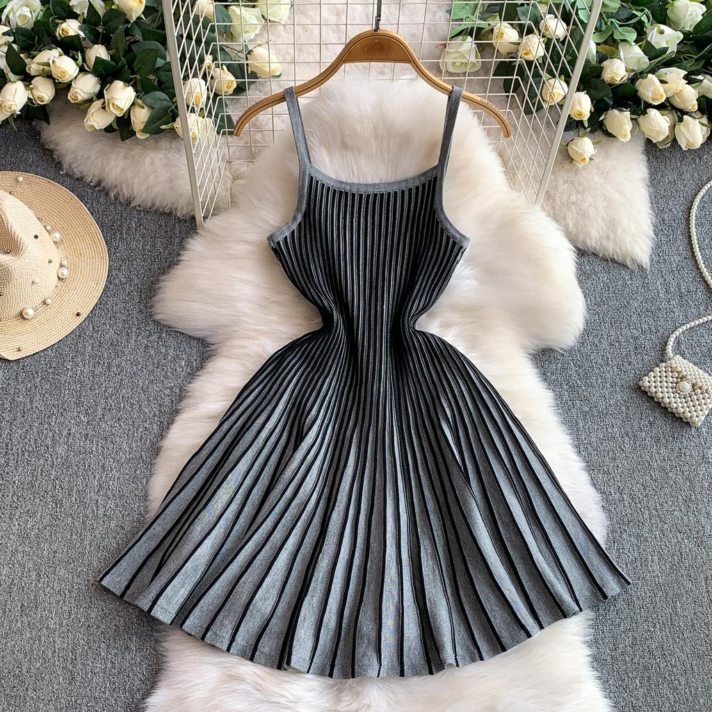 Small man pure desire backless suspender dress women's summer new striped knitted waist thin a word short skirt