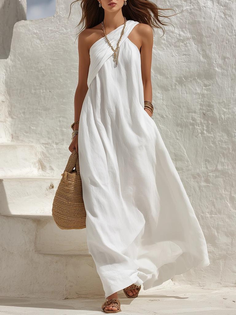 2026 European and American summer new fashion sleeveless slant shoulder backless elegant temperament vacation solid color dress women
