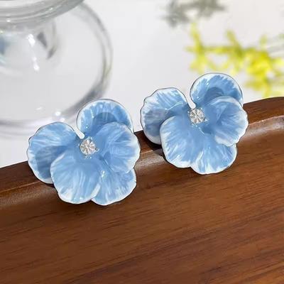 Summer Autumn Light Luxury Elegant Blue Flower Stud Earrings for Women Fashion Rhinestone Sweet Metal Wedding Party Jewelry