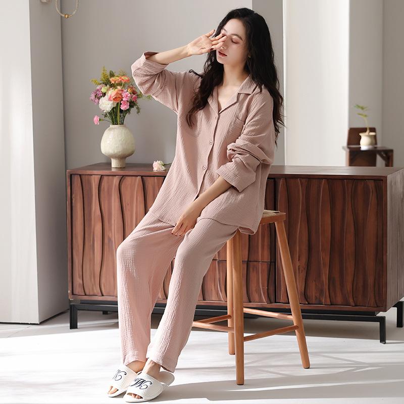 Baby cotton double-layer gauze pure cotton pajamas women's spring and autumn long-sleeved 1011 new thin models can be worn outside white loungewear