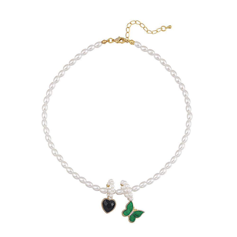 Retro Sweet and Cool Green Butterfly Love Shijia Pearl Necklace Rice-shaped Glass Imitation Pearl Stainless Steel Short Collarbone Chain