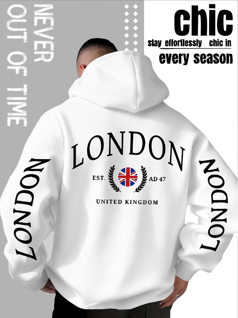 Sweat à capuche décontracté ample pour homme, "Sweatshirt tendance imprimé style britannique Londonien", mode de rue décontractée automne et hiver.