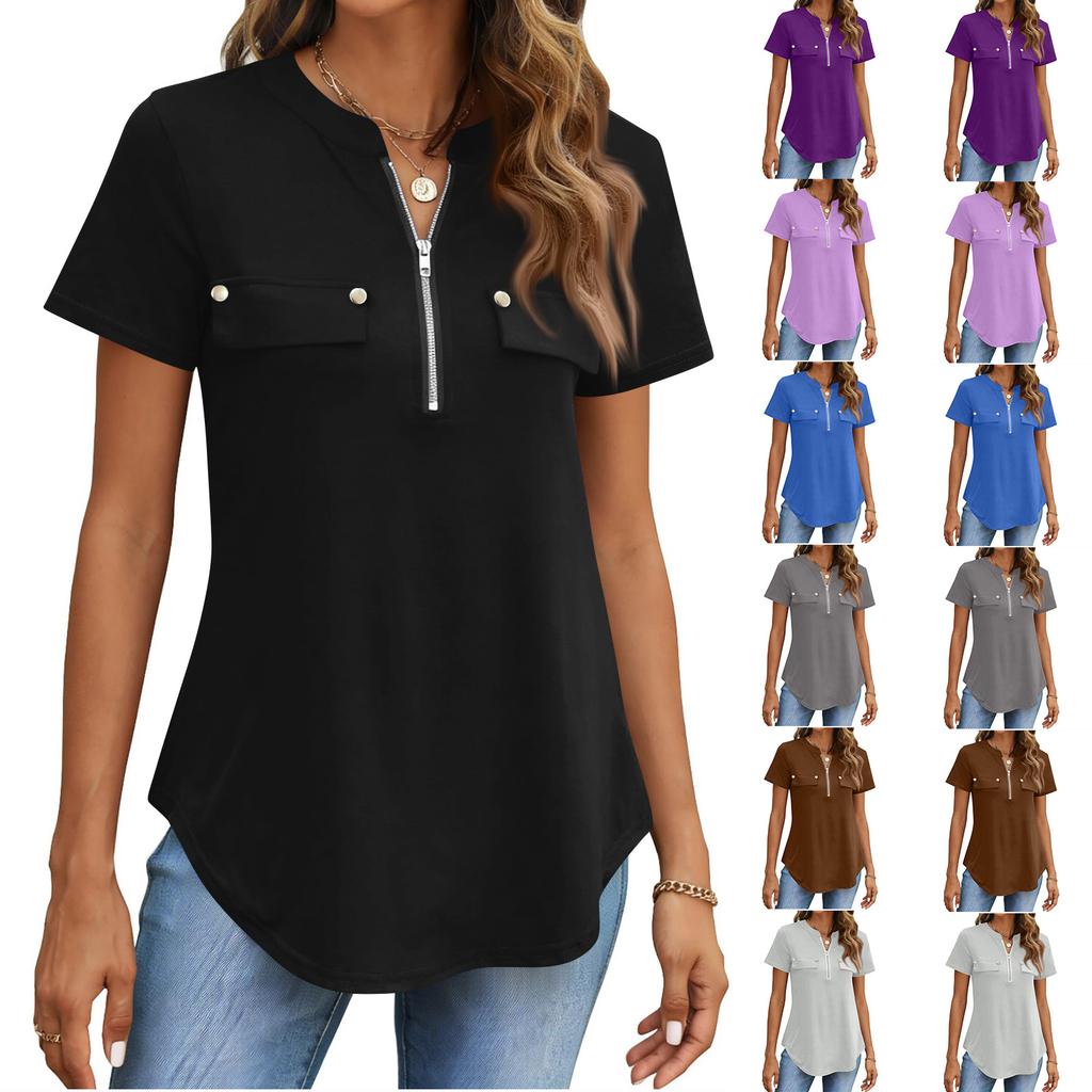 Damen Casual Top mit kurzen Ärmeln, Reißverschluss vorne, Umlegekragen und dekorativen Pattentaschen für den Alltag