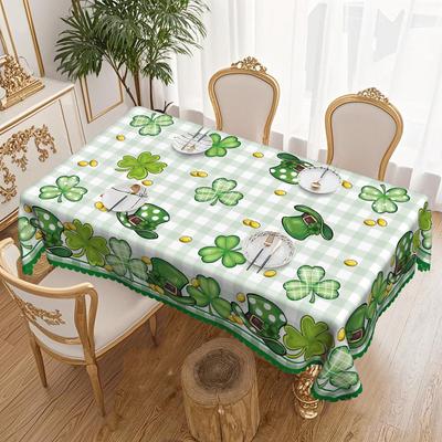 Four-Leaf Clover Plaid Round Tablecloth, Green Hat, Gold Coins Waterproof And Washable, Dining Table Coffee Table Party Cover