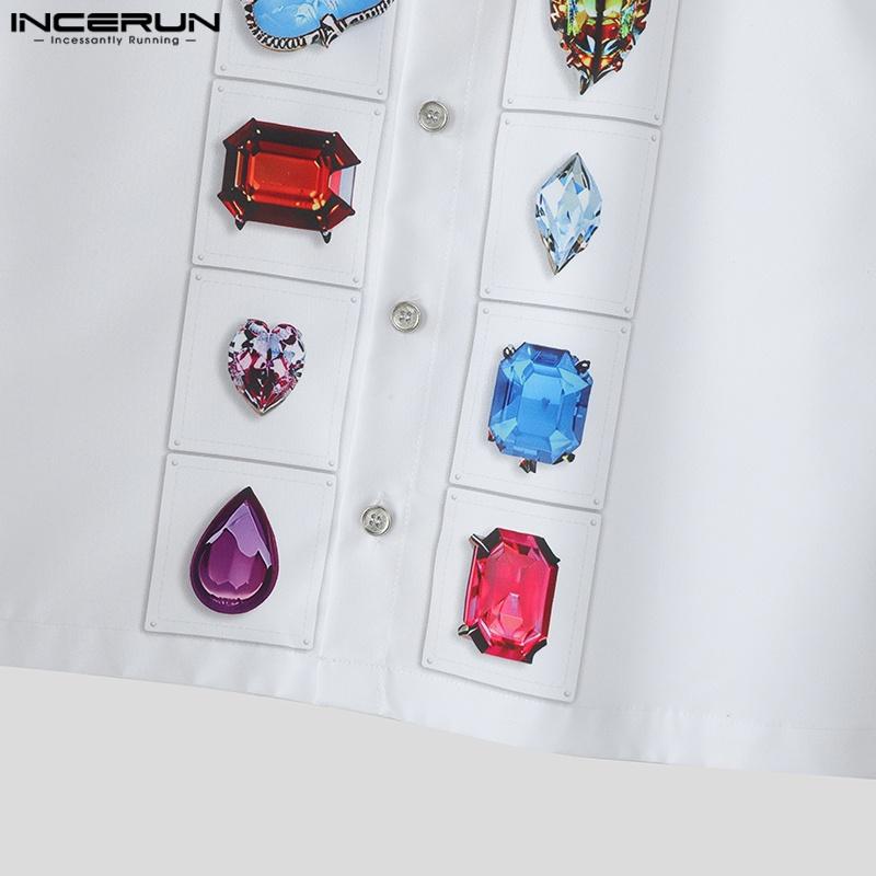 INCERUN Men Lapel Neck Short Sleeve Printing Casual Loose Cropped Shirts