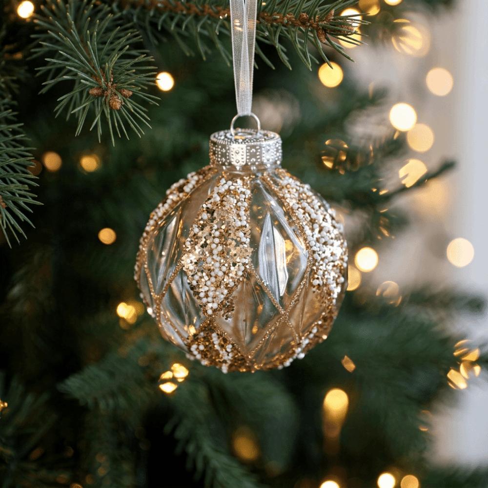 8CM Clear Bauble Christmas Tree Ball Gold Glitter Painted Christmas Hanging Ball  Festive