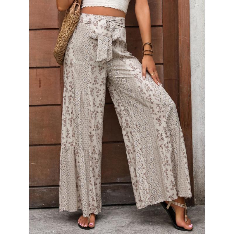 Casual Vacation Style Lace-up Geometric Floral Print Wide-leg Pants for Women