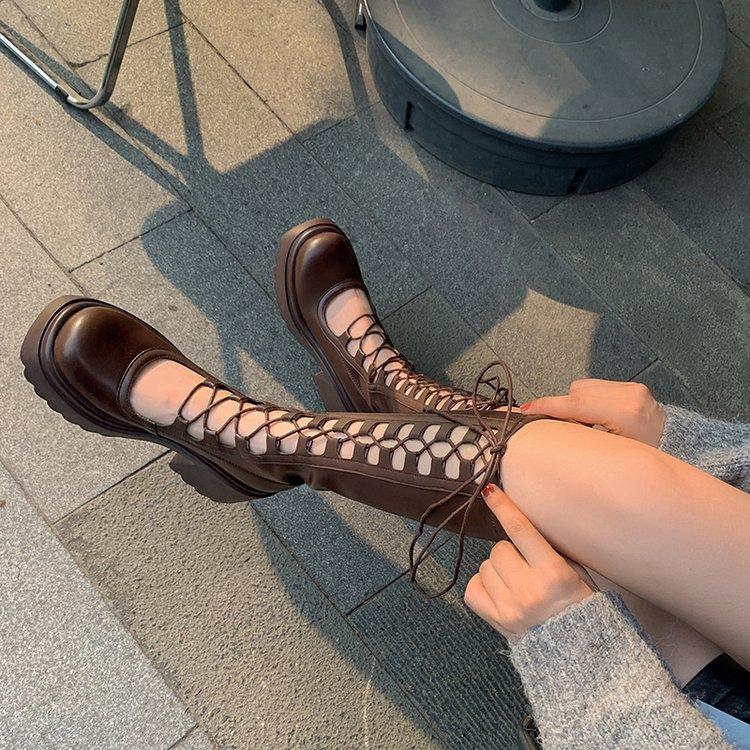 Fashion Women's breathable hollow mesh boots, genuine leather high-top knight boots, knee-high heels, light and cool, 2025