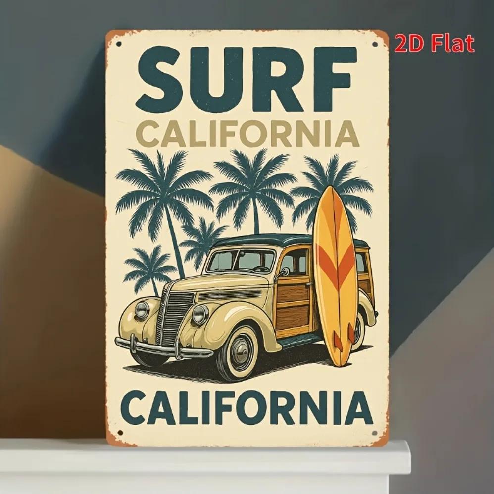 Surf California Vintage Retro Metal Wall Art – Palm Tree, Surfboard & Classic Car Design | Coastal Beach Decor for Home,