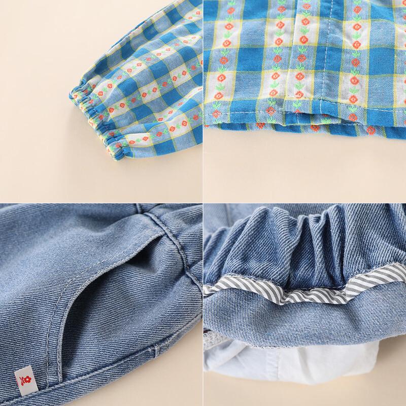 Girls' Plaid Ruffle Shirt & Jogger Denim Pants Set
