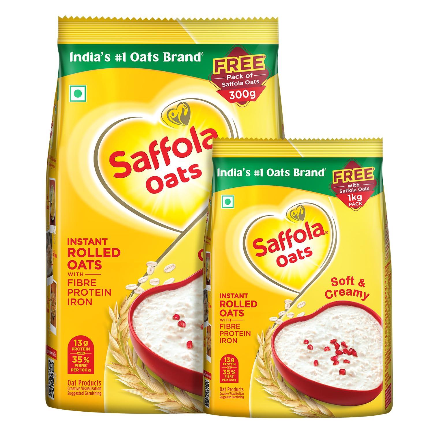 Saffola Oats | 1kg with 300g Free| Instant Rolled |Soft & Creamy |Power of Protein, Iron & Fibre | Nutritious grain