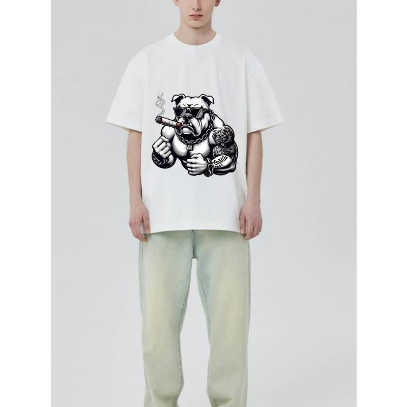 Black T Shirt with Bulldog Smoking Cigar Tattoo Design for Casual Streetwear Style