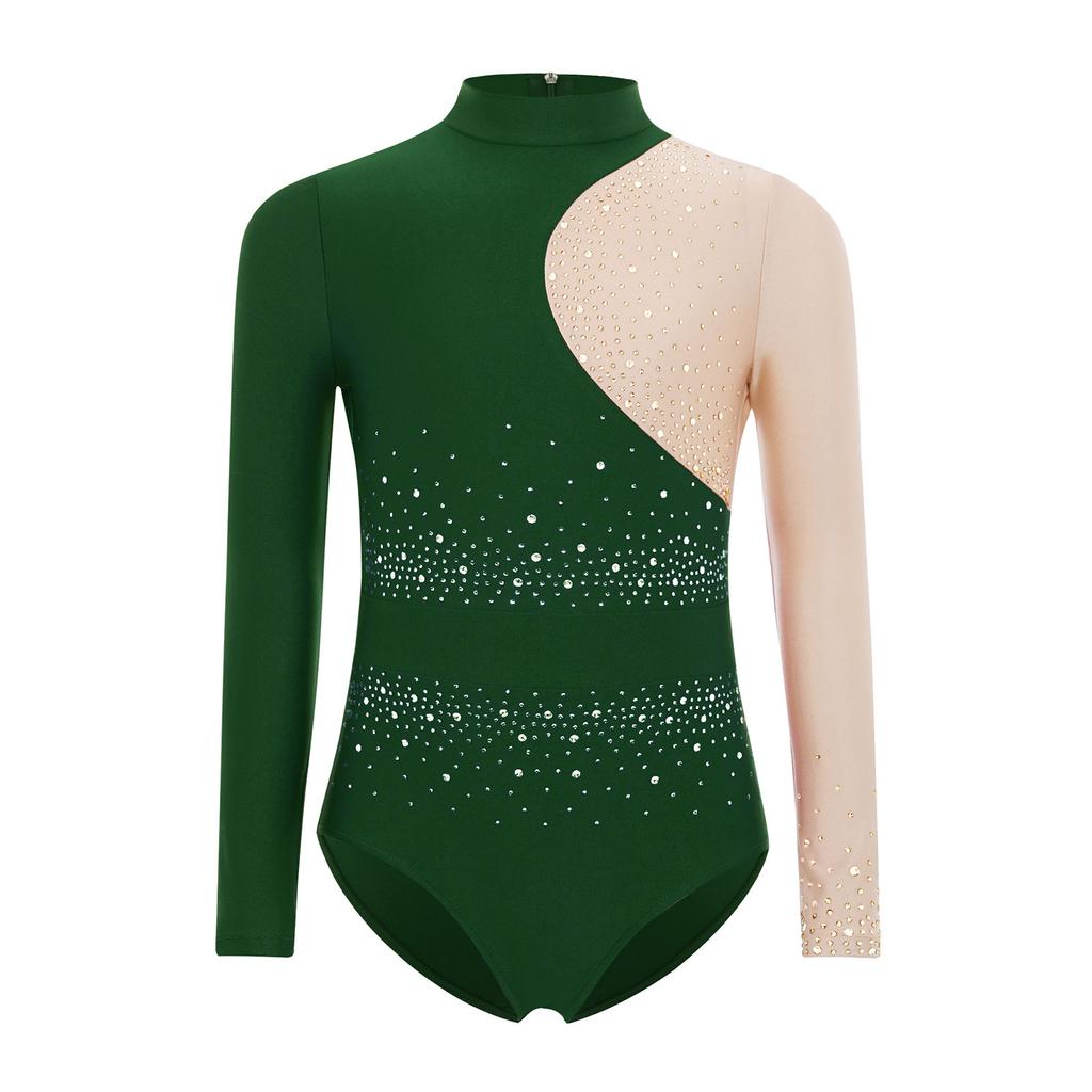Flickor Gymnastik Dansuppvisning Dräkt Mock Turtleneck Långärmad Glittriga Strass Färgblock Bodysuit