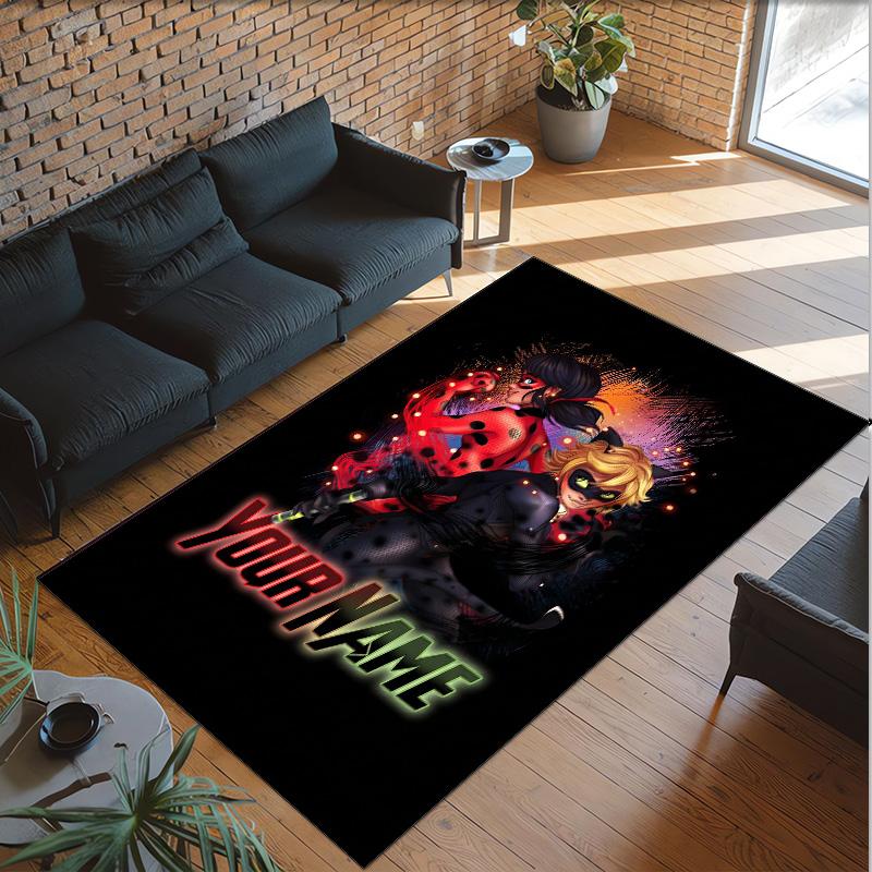 Alfombra de Terciopelo de Cristal Personalizada con Nombre y Texto, Alfombra de Área Antideslizante Miraculous Ladybug Para Decoración del Hogar