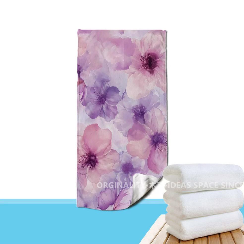 Watercolor Purple Floral Beach Towel Patterned Sunscreen And Windproof Suitable For Swimming Pool Camping Travel
