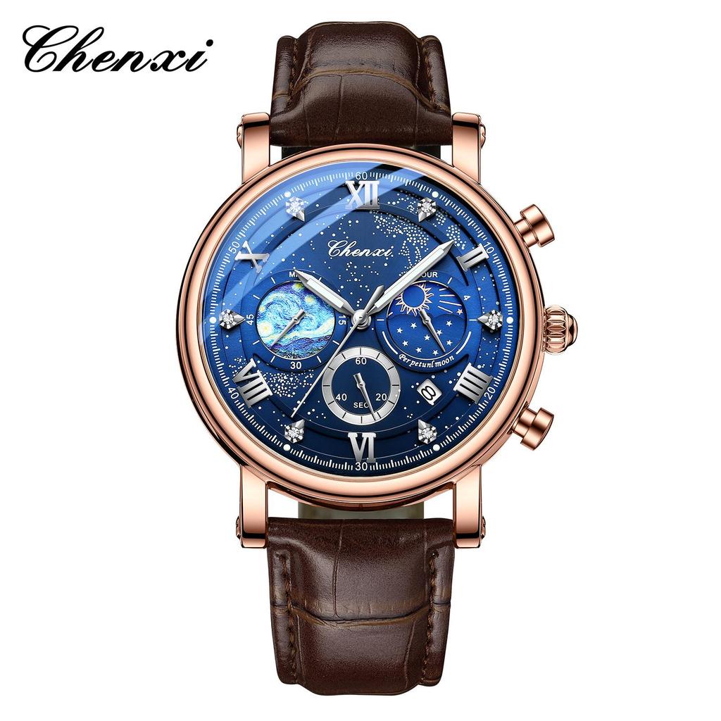 Dawn Sun Moon Stars Multifunctional Men's Quartz Watch with Luminous Moon Phase Chronograph