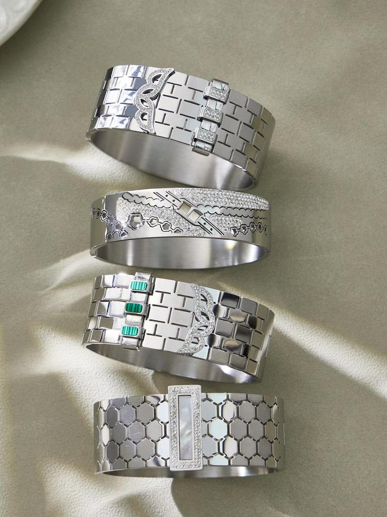 18K Gold Plated Honeycomb Pattern Stainless Steel Wide Bracelet with Zirconia Inlaid - European & American Fashion.