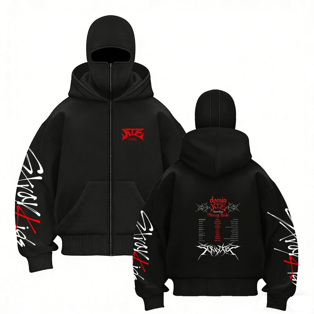 Stray Kids Skz Harajuku Printed Stray Kids Double Hood Zip-Up, Harajuku Print SKZ Hoodie for STAY Two-hat Zip-up Shirt for Men and Women