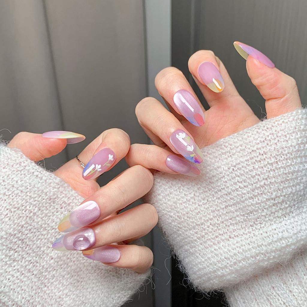Women Mid‑Length Press‑On Nails Pure‑Handmade Finished Hand‑Painted Cat‑Eye False Nail Patches