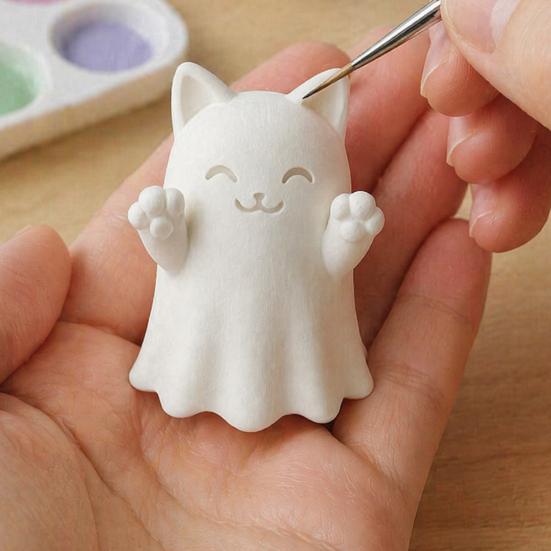 Unique Party Table Decorations 3D Printed Cute Ghost Cat Figurine, Wink Smile Surprise Spooky Halloween Decor, White PLA Craft Molds Blank DIY