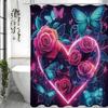 Valentine's Day Love Rose Butterfly Shower Curtain, Bathroom Decorative Shower Curtain, Waterproof Shower Curtain with Hooks