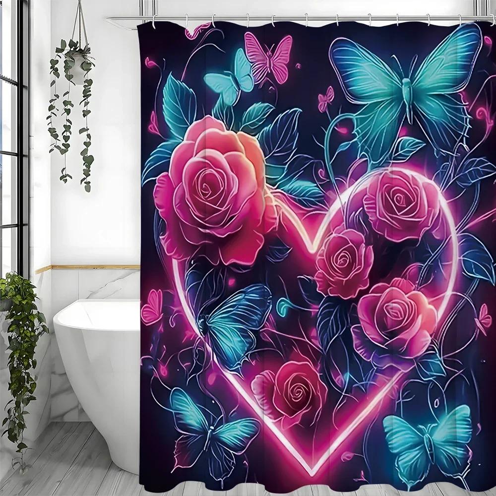 Valentine's Day Love Rose Butterfly Shower Curtain, Bathroom Decorative Shower Curtain, Waterproof Shower Curtain with Hooks