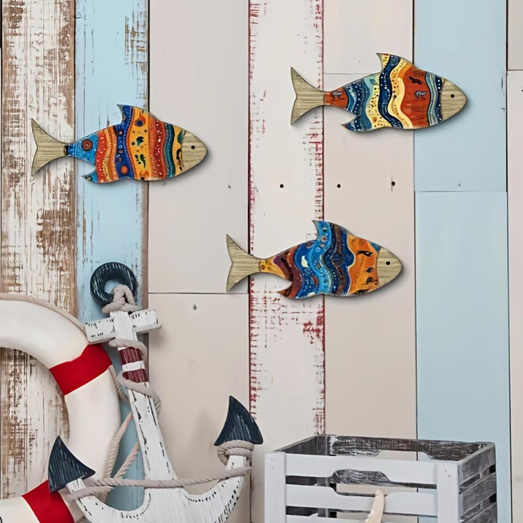 Handcrafted Wooden Ocean Wall Decor - Fish, Coral, Starfish & SailboatSet Ocean Home Decoration Non-3D Pattern Cute