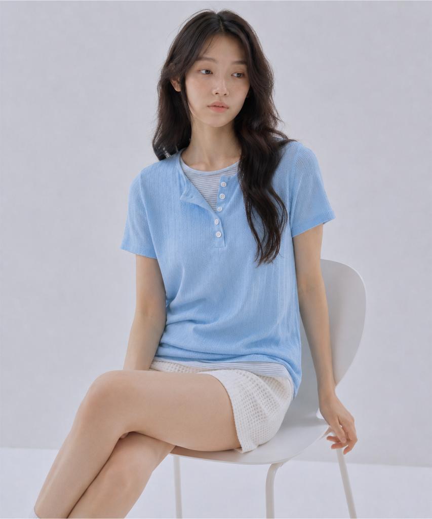 Sayu Soft Layered Henley Neck Short Sleeve Tee Light Blue