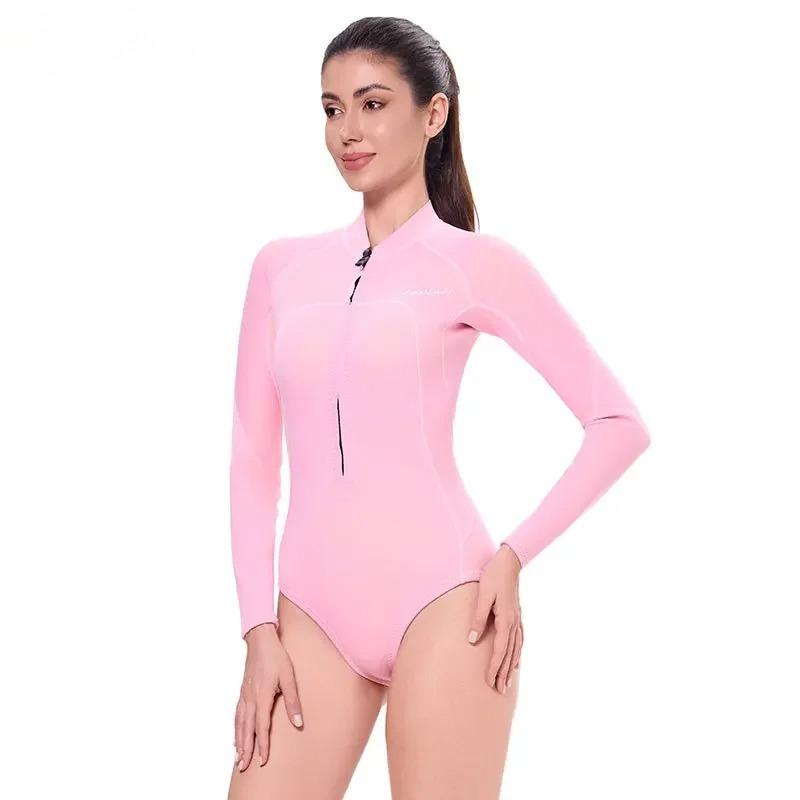 2mm Women's Surfing Diving Swimwear Neoprene Keep Warm Split Wetsuit Long Sleeve Snorkeling Scuba Dive Suit Pink White Swimsuit
