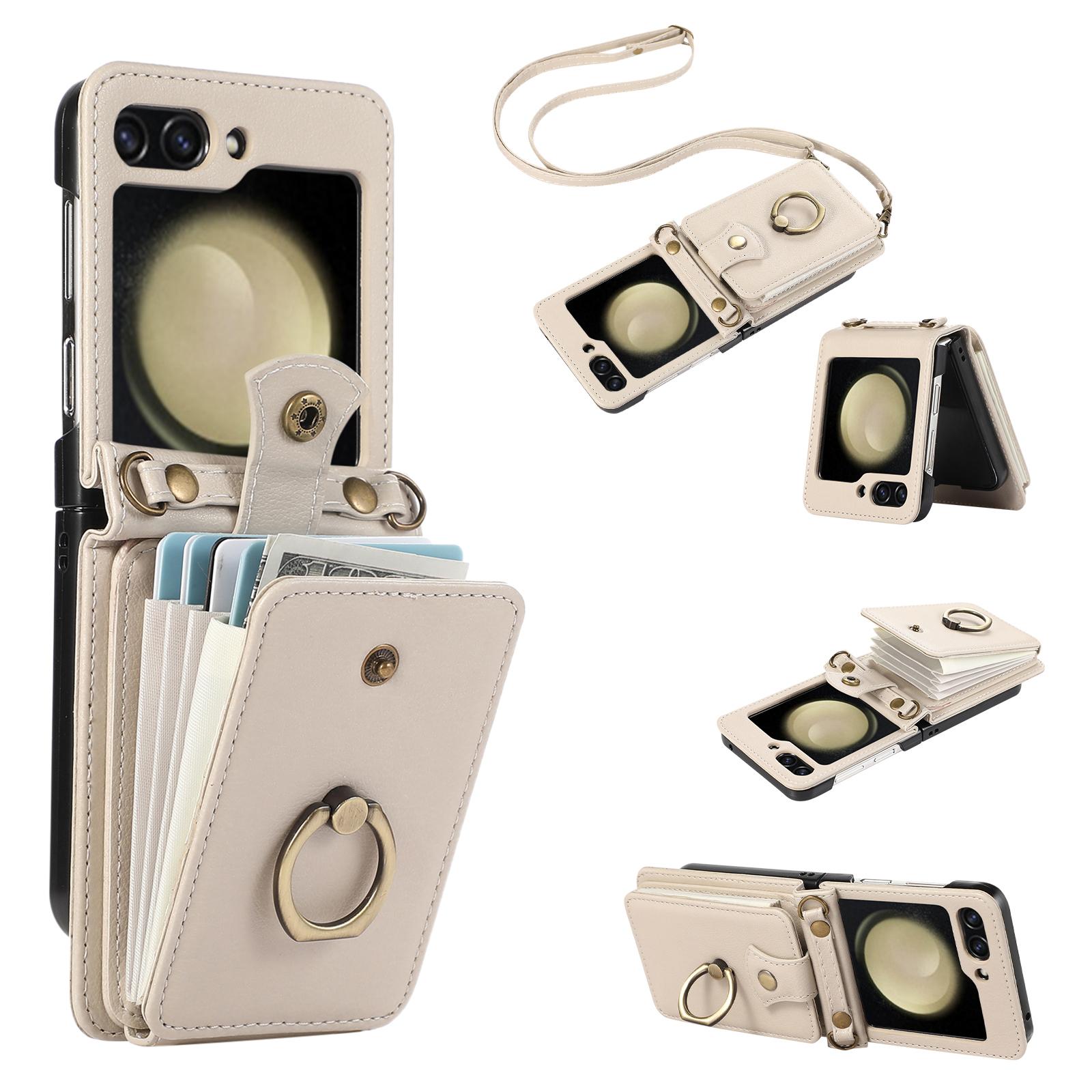 

For Samsung Galaxy Z Flip5 5G Case Card Holder Ring Kickstand TPU+PU Leather Phone Cover with Long Strap Beige