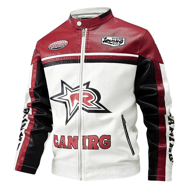 

Color Block Print Men s Fashion Leather Jacket Street Style Stand Collar PU Motorcycle Coats S білий