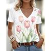 V-Ausschnitt T-Shirt mit einem Aquarell-Tulpen-Print für Damen, lässige kurzärmelige Tops, frische florale Alltagskleidung.
