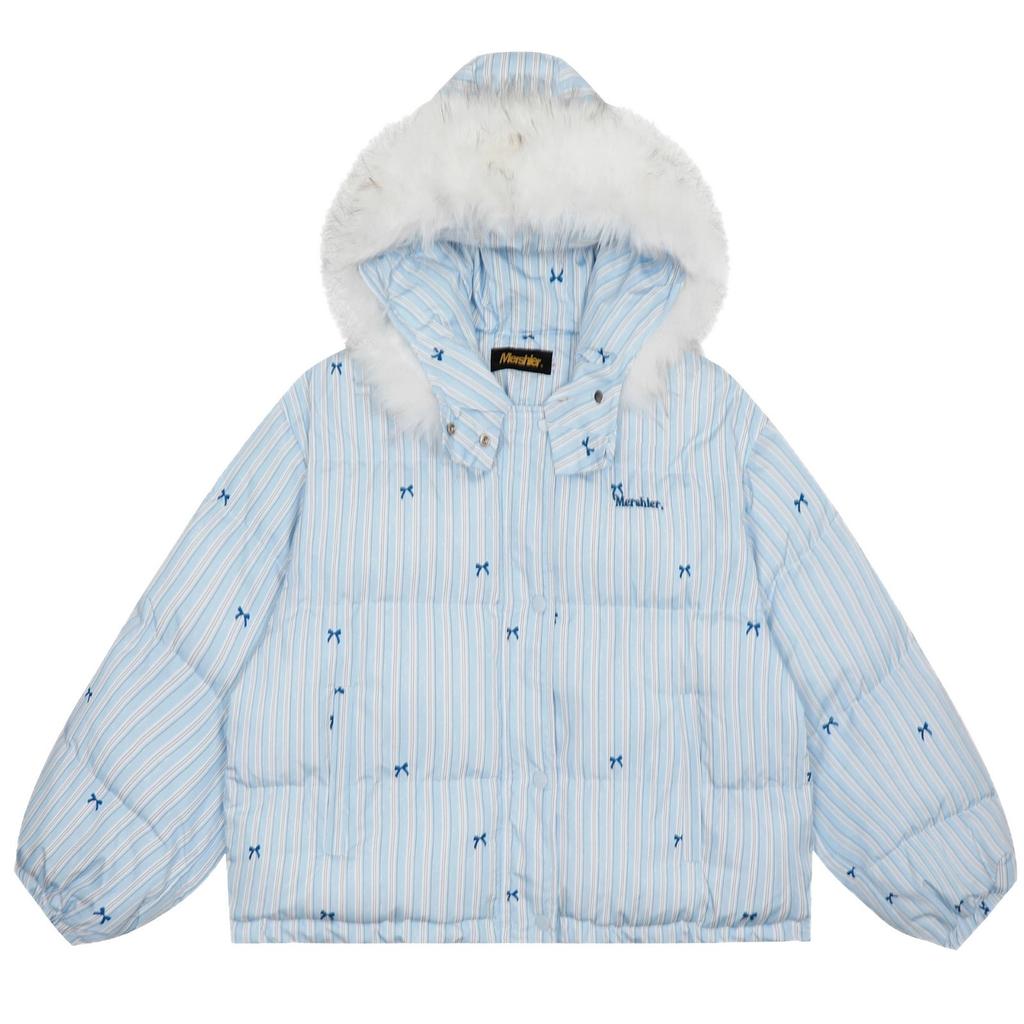 Designed Striped Bow Fur Collar Hooded Cotton Coat Thickened Petite Women's Cotton Coat