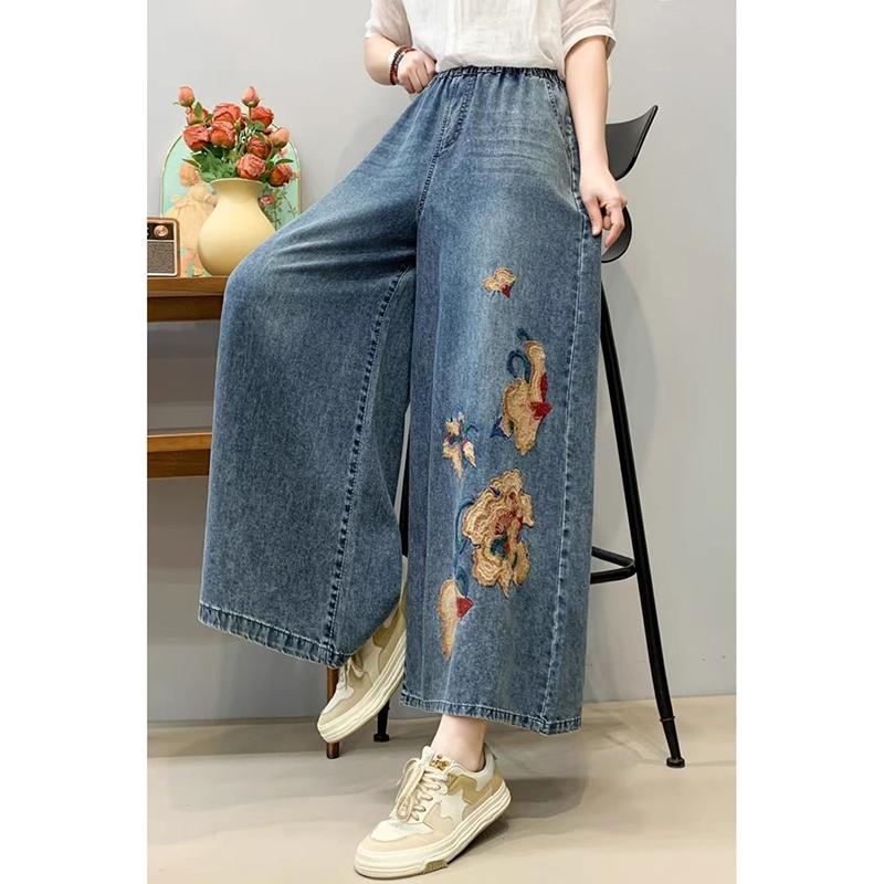 

вышитые джинсовые брюки в винтажном стиле для женщин 2025 свободные повседневные уличные брюки с широкими штанинами женские XL синий