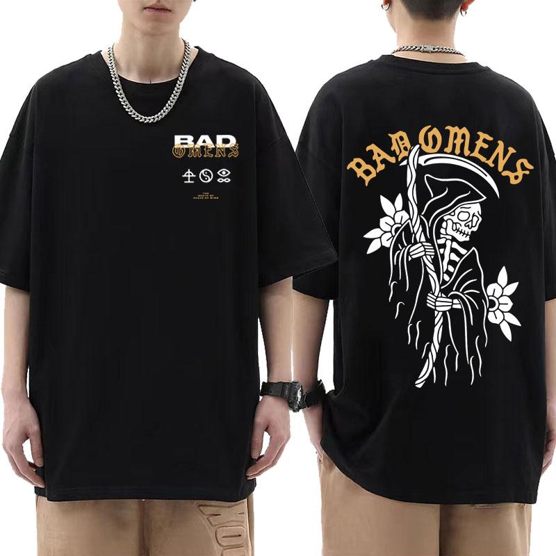 American music Tshirt Bad Omens band tour death skull pattern Tshirt Gothic rock style mens  womens pure cotton Tshirt M