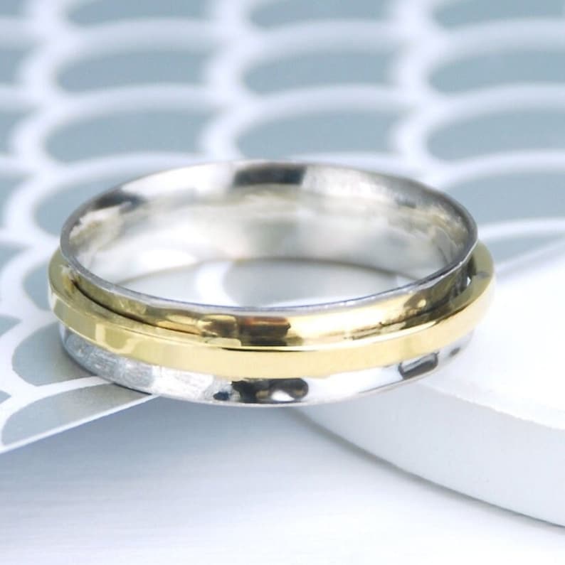 Ręcznie robiony dwukolorowy pierścionek Spinner Band, Pierścionek do układania w stosy, Srebro próby 925, Pierścionek designerski, Prezent na rocznicę, Pierścionek unisex