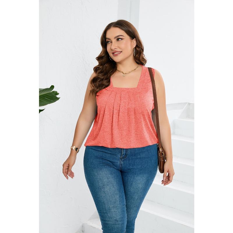 Womens Plus Size Square Neck Pleated Tank Top Casual Sleeveless Loose Blouse XL красный