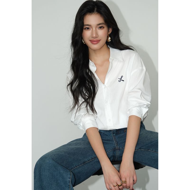 

White Loose Design Niche Style K-style Long Sleeves Shirt White In Stock L