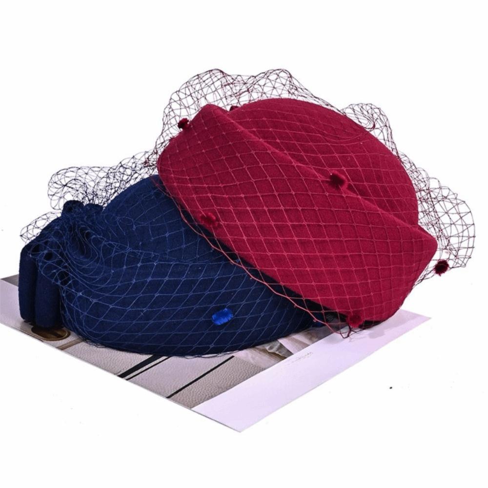 Mesh Pillbox Hat British Style Topper Hat Elegant Wool Bow Hat with Veil  Autumn Winter