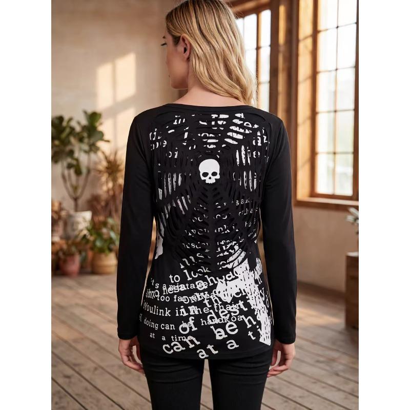 TrendHub Y2K Millennium Gothic Cross Chain Faded Print Long Sleeve Base Shirt Bottom Script Text Rivet Cuff Tee
