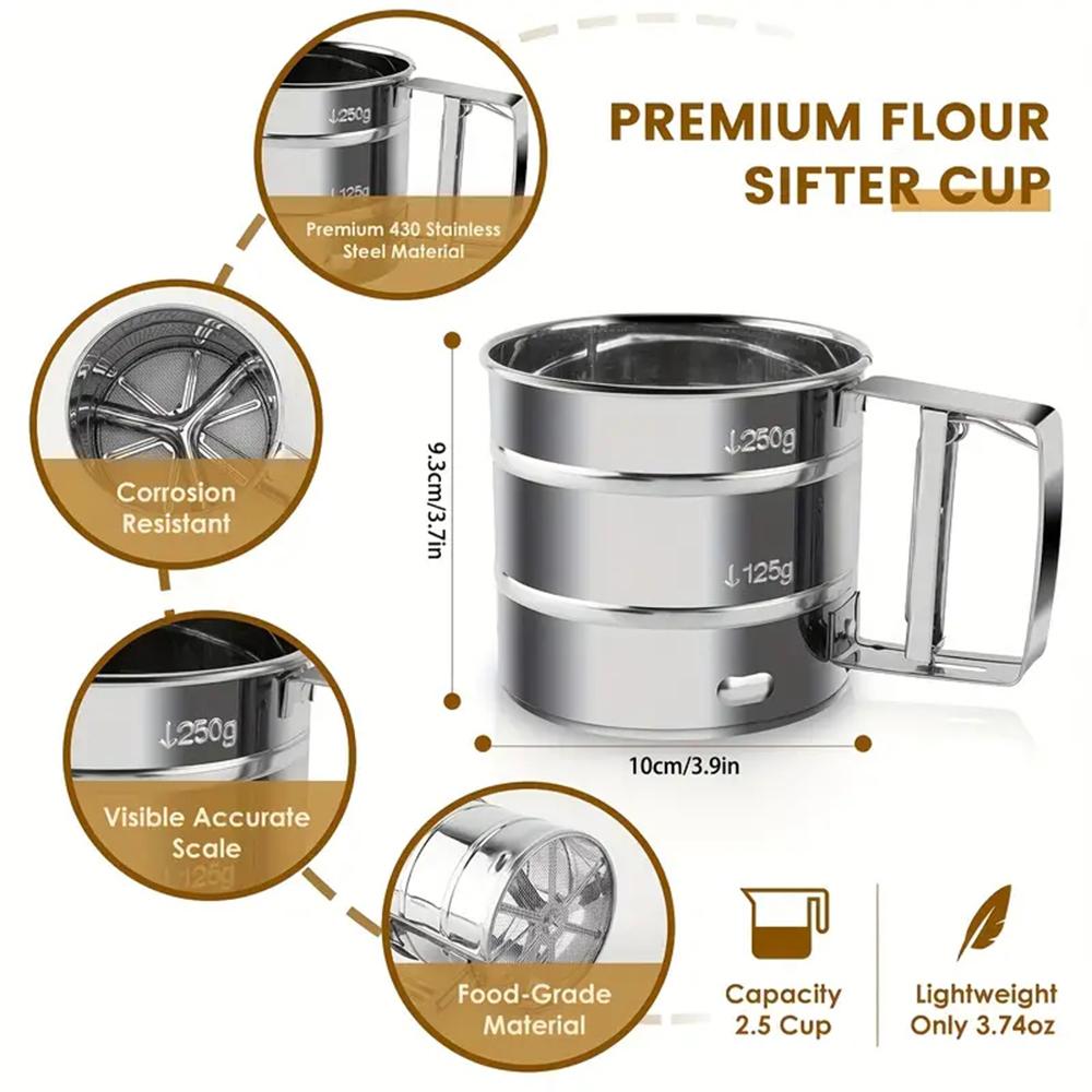 Stainless Steel Flours Sieve Cup With Handle Rust-Proof Powder Mesh Sifter For Kitchen Home